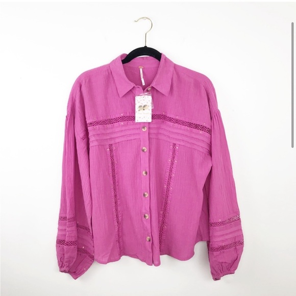 FREE PEOPLE Summer Stars Crochet Trim Boho Purple Pink Fuchsia Blouse Shirt M - Picture 7 of 15